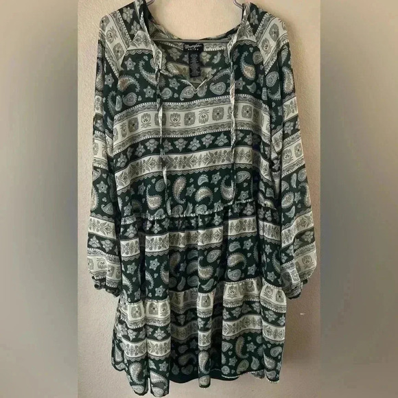 Wrangler retro Hunter Paisley knee length hunter green sheer flowy dress women’s - Picture 2 of 13
